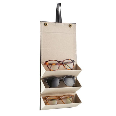 Glasses Organiser Carry Case Black Faux Leather Foldable Portable Eyeglass or Sunglass Holder with Hanging Loop Stud Fastening