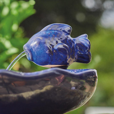 Glazed Blue Ceramic Fish Solar Powered Water Feature - Outdoor Garden Decorative Koi Carp Water Fountain - H16 x W37 x D32cm