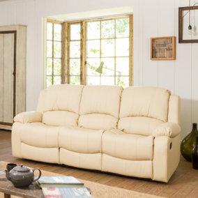 Glendale 201cm Wide Cream Bonded Leather 3 Seat Manually Operated Recliner Sofa