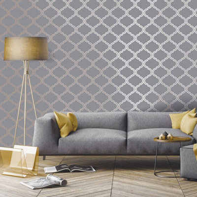 Glistening Geo Trellis Wallpaper Grey / Rose Gold Holden 12752