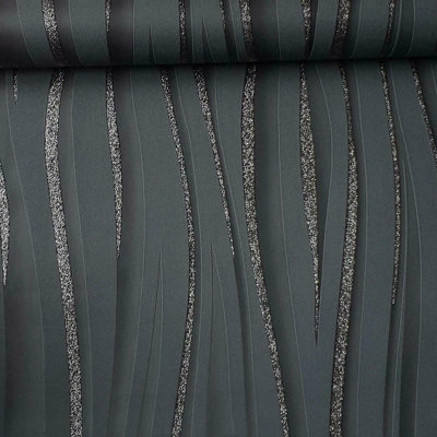 GLITTER SPARKLE CHARCOAL BLACK TEXTURED WAVE VINYL FEATURE WALLPAPER 3D GLITTER