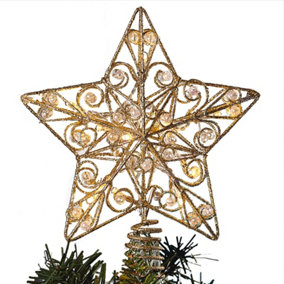 Glittery Gold Jewelled LED Star Christmas Xmas Tree Topper Festive Decoration - Measures H23 x W22 x D6cm