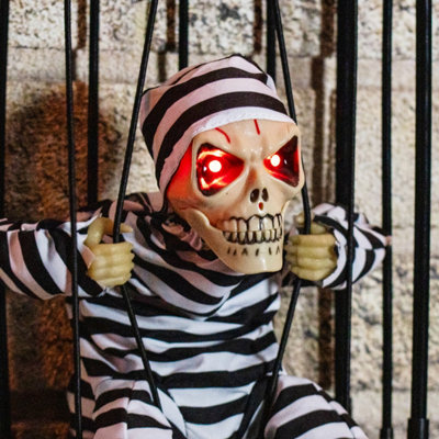 Global Gizmos Skeleton Prisoner Halloween Decoration Moving Light Up Glowing Eyes Spooky Voice Motion Sensor Activated