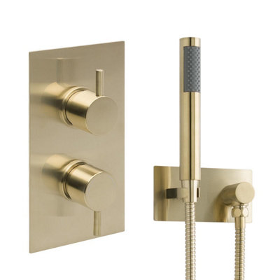 Globe Round Twin Concealed Shower Valve with Slider Rail & Wall Elbow Brushed Brass