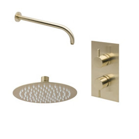 Globe Round Twin Concealed Shower Valve with Wall Arm & Shower Head Brushed Brass