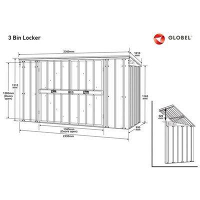 Globel 8x3ft Metal Bin Store - Triple Bin