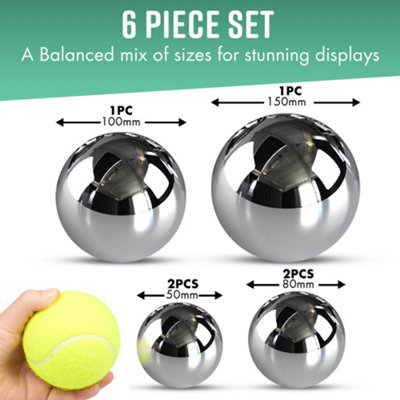 GloBrite Set of 6 Stainless Steel Mirror Balls Garden Ornaments - Reflective Garden Decor 50-150mm