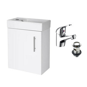 Gloss White 400 Wall Hung Basin Sink Vanity Unit & Dom Basin Tap