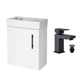 Gloss White 400 Wall Hung Basin Sink Vanity Unit & Matt Black Form Basin Tap & Handle