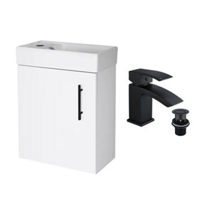 Gloss White 400 Wall Hung Basin Sink Vanity Unit & Matt Black Lucia Basin Tap & Handle