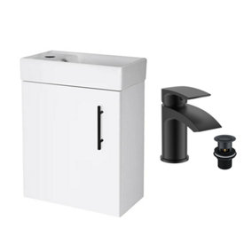 Gloss White 400 Wall Hung Basin Sink Vanity Unit & Matt Black Sleek Basin Tap & Handle