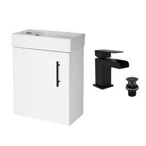 Gloss White 400 Wall Hung Basin Sink Vanity Unit & Matt Black Waterfall Basin Tap & Handle