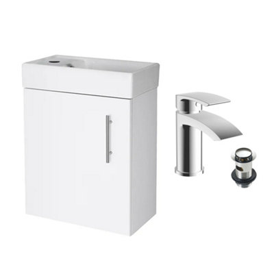 Gloss White 400 Wall Hung Basin Sink Vanity Unit & Sleek Basin Tap