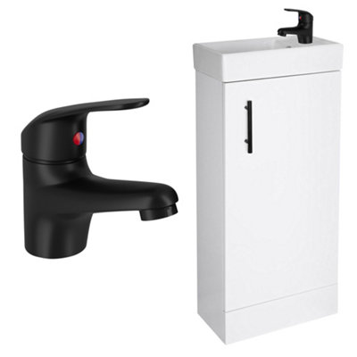 Gloss White 400mm Bathroom Vanity Basin Sink Unit & Black Tap Waste Handle Set