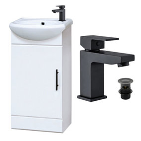 Gloss White 400mm Semi Reccessed Vanity Basin Sink Unit & Matt Black Form Tap, Waste & Black Handle