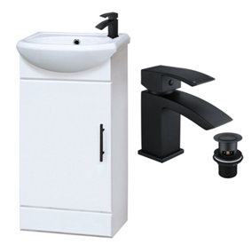 Gloss White 400mm Semi Reccessed Vanity Basin Sink Unit & Matt Black Lucia Waterfall Tap, Waste & Black Handle