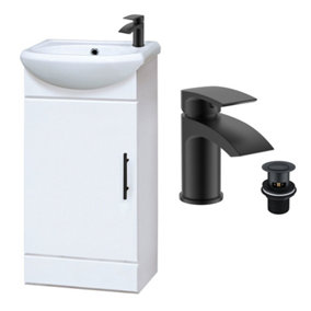Gloss White 400mm Semi Reccessed Vanity Basin Sink Unit & Matt Black Sleek Waterfall Tap, Waste & Black Handle