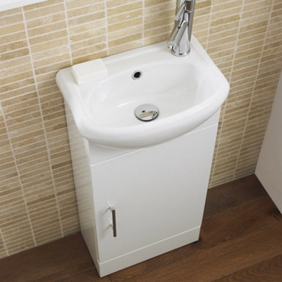 Gloss White 400mm Semi Reccessed Vanity Basin Sink Unit & Matt Black Sleek Waterfall Tap, Waste & Black Handle