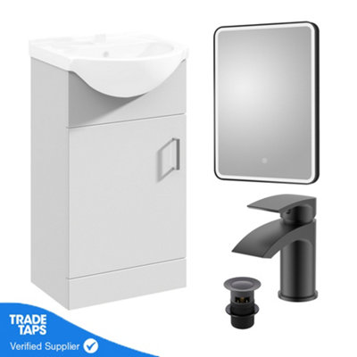 Gloss White 450mm Floor Standing 1-Door Vanity Unit & Round Basin with Matt Black Tap and Black Framed Mirror