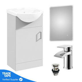 Gloss White 450mm Floor Standing 1-Door Vanity Unit & Round Basin with Round Chrome Tap and Ambient Mirror