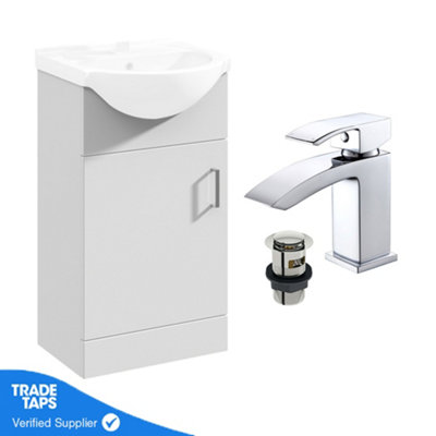 Gloss White 450mm Floor Standing 1-Door Vanity Unit & Round Basin with Round Chrome Tap