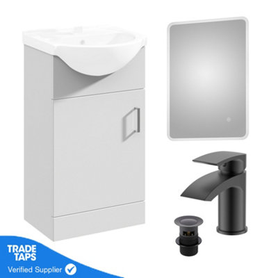 Gloss White 450mm Floor Standing 1-Door Vanity Unit & Round Basin with Round Matt Tap and Ambient Mirror