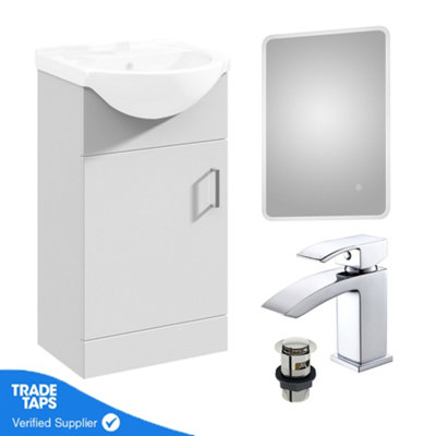 Gloss White 450mm Floor Standing 1-Door Vanity Unit & Round Basin with Square Chrome Tap and Ambient Mirror Price Comparisons | Compare The Build