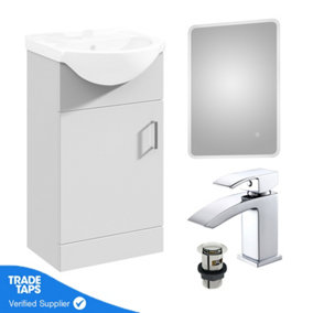 Gloss White 450mm Floor Standing 1-Door Vanity Unit & Round Basin with Square Chrome Tap and Ambient Mirror