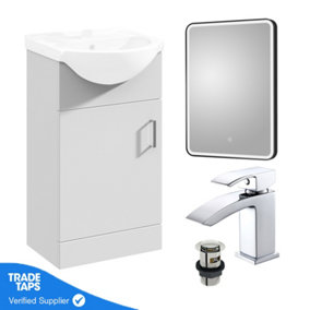 Gloss White 450mm Floor Standing 1-Door Vanity Unit & Round Basin with Square Chrome Tap and Black Framed Mirror