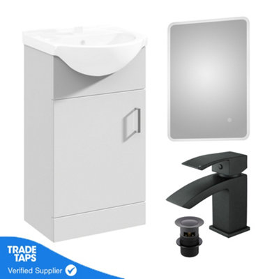 Gloss White 450mm Floor Standing 1-Door Vanity Unit & Round Basin with Square Matt Black Tap and Ambient Mirror Price Comparisons | Compare The Build