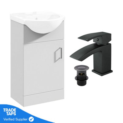 Gloss White 450mm Floor Standing 1-Door Vanity Unit & Round Basin with Square Matt Black Tap