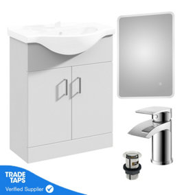 Gloss White 650mm Floor Standing 2-Door Vanity Unit & Round Basin with Round Chrome Tap and Ambient Mirror