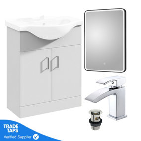 Gloss White 650mm Floor Standing 2-Door Vanity Unit & Round Basin with Square Chrome Tap and Black Frame Mirror