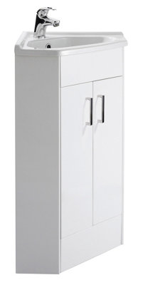 Gloss White Bathroom Corner Vanity Unit with Basin - Cloakroom Storage Under Sink Unit - 897mm x 590mm