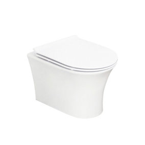 Gloss White D Shape Hidden Fixation Wall Hung Rimless Toilet WC Pan & Soft Close Slim Seat