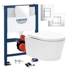 Gloss White Hidden Fixation D Shape Rimless Wall Hung Toilet & GROHE 0.82m Concealed WC Cistern Frame
