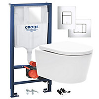 Gloss White Hidden Fixation D Shape Rimless Wall Hung Toilet & GROHE 1.13m Concealed WC Cistern Frame