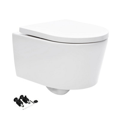 Gloss White Hidden Fixation D Shape Wall Hung Rimless Toilet WC Pan
