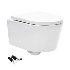 Gloss White Hidden Fixation D Shape Wall Hung Rimless Toilet WC Pan & Soft Close Slim Seat