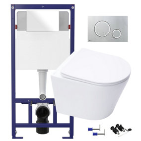 Gloss White Hidden Fixation Rimless Wall Hung Toilet & 1.12m Concealed Cistern Frame WC Unit & Gloss Chrome, Trim Flush Plate