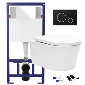 Gloss White Hidden Fixation Rimless Wall Hung Toilet & 1.12m Concealed Cistern Frame WC Unit & Matt Black, Trim Flush Plate