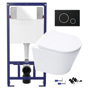 Gloss White Hidden Fixation Rimless Wall Hung Toilet & 1.12m Concealed Cistern Frame WC Unit & Matt Black, Trim Flush Plate