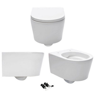 Gloss White Hidden Fixation Rimless Wall Hung Toilet & 1.12m Concealed Cistern Frame WC Unit & Matt White, Trim Flush Plate