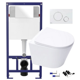Gloss White Hidden Fixation Rimless Wall Hung Toilet & 1.12m Concealed Cistern Frame WC Unit & Matt White, Trim Flush Plate