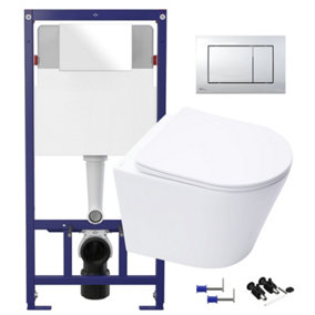 Gloss White Hidden Fixation Rimless Wall Hung Toilet & 1.12m Concealed Cistern Frame WC Unit with Gloss Chrome Flush Plate