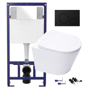 Gloss White Hidden Fixation Rimless Wall Hung Toilet & 1.12m Concealed Cistern Frame WC Unit with Matt Black Flush Plate