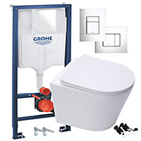 Gloss White Hidden Fixation Rimless Wall Hung Toilet & GROHE 1.13m Concealed WC Cistern Frame