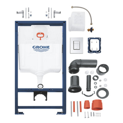 Gloss White Hidden Fixation Rimless Wall Hung Toilet & GROHE 1.13m Concealed WC Cistern Frame