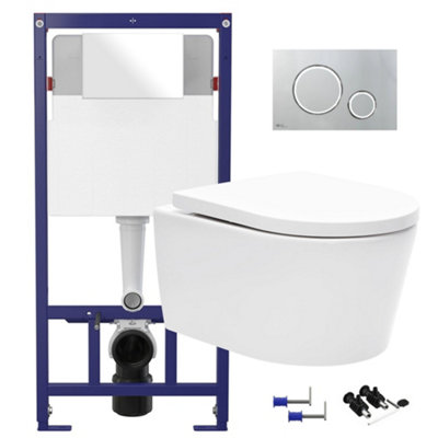 Gloss White Hidden Fixation Rimless Wall Hung Toilet Pan & 1.12m Concealed Cistern Frame WC Unit & Gloss Chrome, Trim Flush Plate