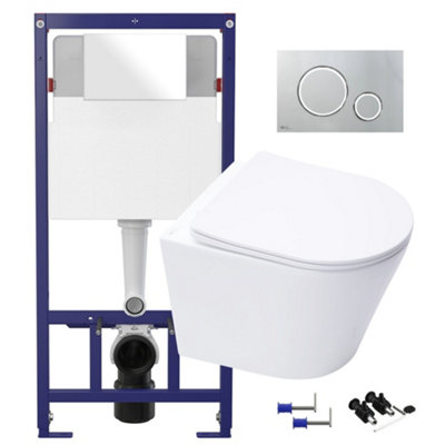 Gloss White Hidden Fixation Rimless Wall Hung Toilet Pan & 1.12m Concealed Cistern Frame WC Unit & Gloss Chrome, Trim Flush Plate